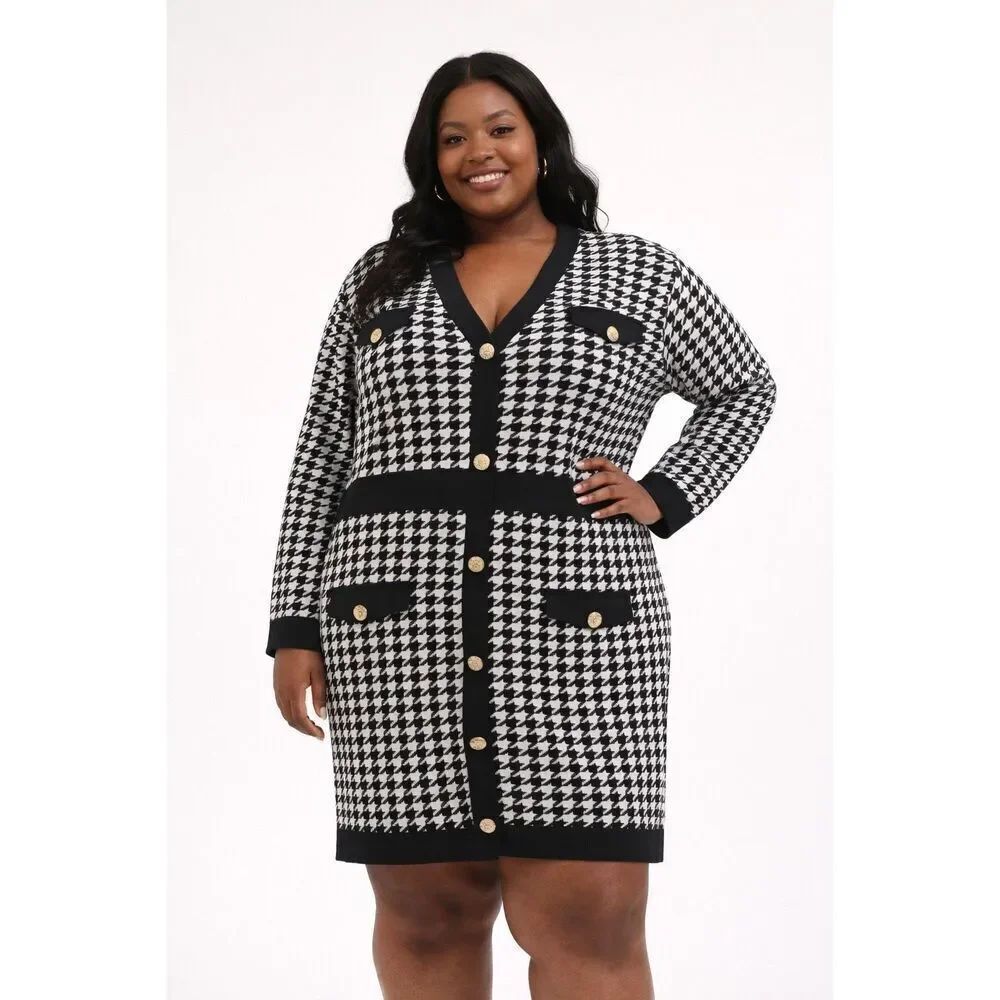 SHEIN Curve Houndstooth Dress Gold Button Cardigan Style 3XL